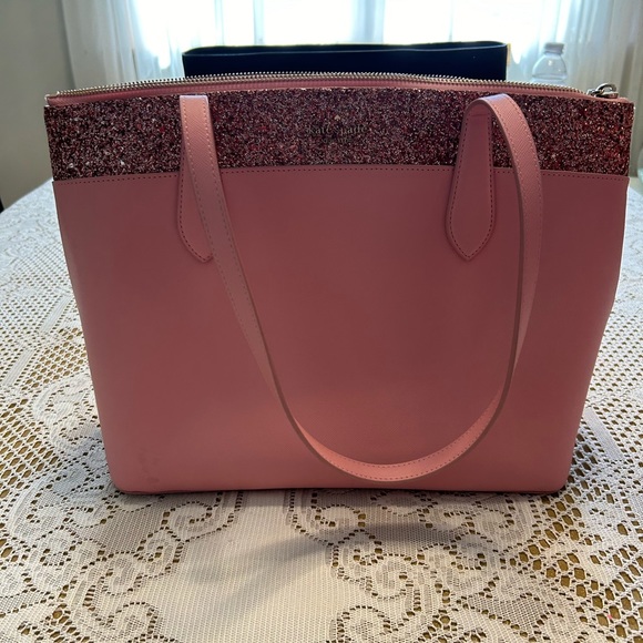 Kate Spade pink zipper top tote with glitter stripe trim. Dust bag included - Picture 5 of 5